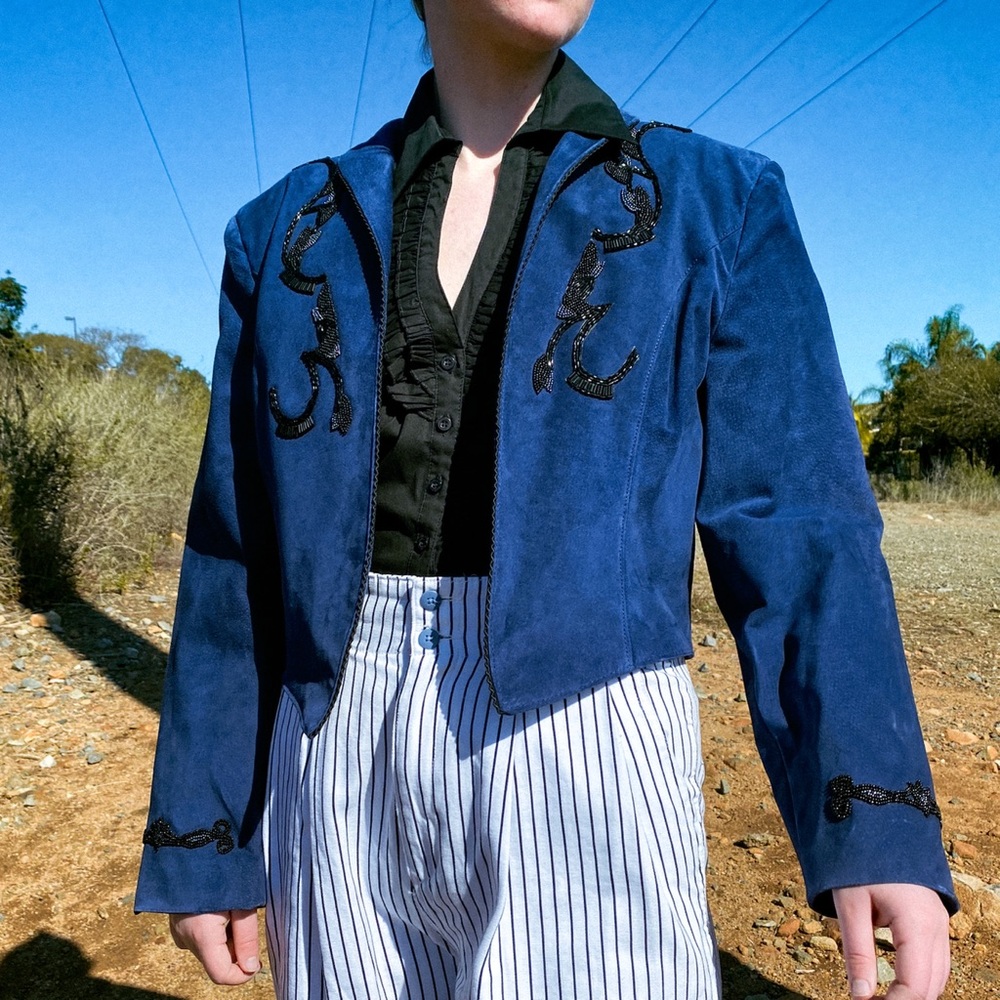 WESTERN DARK BLUE SUEDE EMBROIDERED VINTAGE CROPPED JACKET Medium
